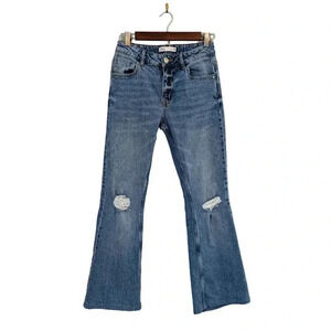 Zara Medium Wash Flare Leg Jeans Distressed Denim Size US 4 Cotton Blend Rips